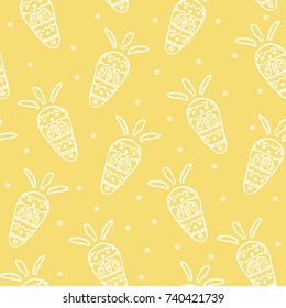 Vector seamless pattern  with little white flowers and hand drawn carrots on yellow background. Design elements for vegan menu. EPS10. Can be used for print on clothes.