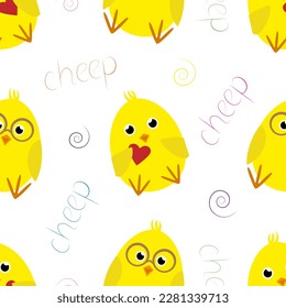 Vector seamless pattern with little yellow chicks characters in cartoon style 