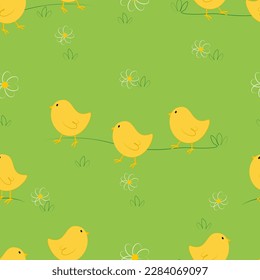 Patrón vectorial sin fisuras con pequeños personajes de pollitos amarillos en hierba verde al estilo de las caricaturas. Diseño de Pascua digital sin fisuras con pollitos