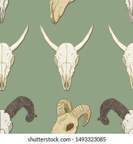 Vector Seamless Pattern of Livestocks Skull on Green Background