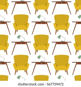 Vector seamless pattern with living room furniture of mid-century modern style. Beautiful design elements, perfect for any business related to the furniture industry.
