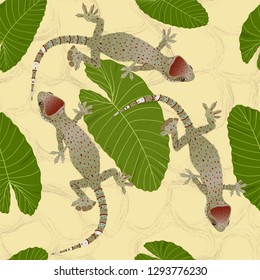 Vector seamless pattern with lizards and leaves.