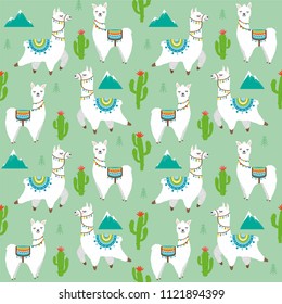 Vector seamless pattern with llama, alpaca, cactus, mountain. Childish  print for fabric, case, textile, wallpaper. Trendy cartoon llama illustration.