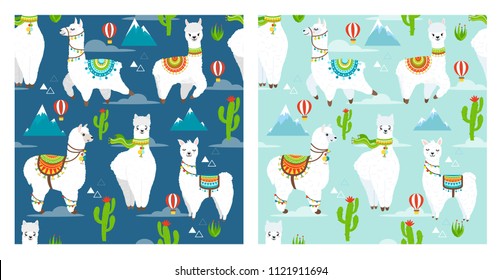 Vector seamless pattern with llama, alpaca, cactus, mountain and ballon. Childish print for fabric, case, textile, wallpaper. Vector Illustration. Trendy cartoon llama in flat style.