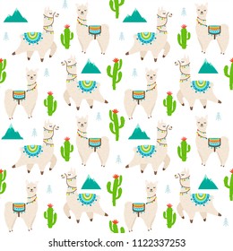 Vector seamless pattern with llama, alpaca, cactus, mountain. Childish texture print for fabric, cases, textile, wallpaper. Trendy cartoon llama. Vector Illustration isolated on white background.