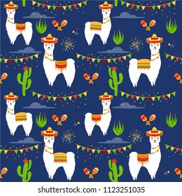 Vector seamless pattern with llama, alpaca, cactus, maracas, firework, saddlery, sombrero hat, flags garlands. Illustration for fabric, case, textile, wallpaper, greeting cards. Fiesta pattern.