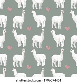 Vector seamless pattern with llama or alpaca and heart. Cartoon style pastel colors. For design, postcards, packaging, textiles.