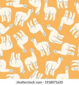 Vector seamless pattern of llama or alpaca on a yellow background. Hand drawn flat multicolor.