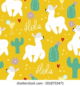 Vector seamless pattern with llama or alpaca with cactus plants and lettering Hola