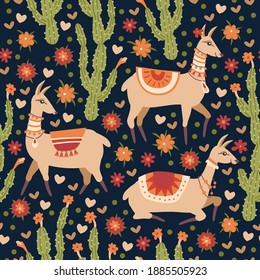 Vector seamless pattern with Llama and cacti. Natural hand drawing background with desert plants. Ideal for posters, children room decoration, etc