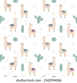 Vector seamless pattern - llama, cactus and triangles. Animalistic background/ cover, textile design.