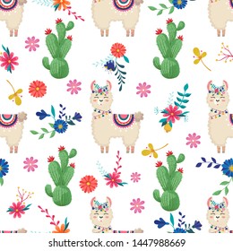 Vector seamless pattern with llama and different cactus. Bright repeated texture with green plant.Natural hand drawing background with desert plants.