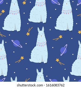 Vector seamless pattern llama and space with planets, stars. Print for textile, fabric, wallpaper, nursery