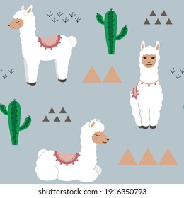 Vector seamless pattern with llama,alpaca,cactus. Vector background