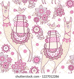 Vector seamless pattern with llamas and fantasy flowers