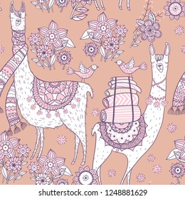 vector seamless pattern with llamas and fantasy blooms