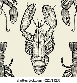 Vector seamless pattern of Lobster. Delicious food menu objects. Use for restaurant, promotion, market, store, banner