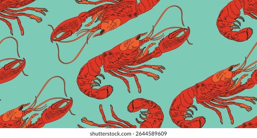 Vector seamless pattern of lobster. Isolated lobster. Hand drawn engraved icons.Use for restaurant, promotion, market, store, banner.Use for textiles or paper wrap.