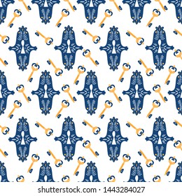 Vector seamless pattern with locks and keys, scandinavian style, folk art illustration