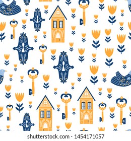 Vector seamless pattern with locks and keys, houses,  birds, in scandinavian style, folk art illustration