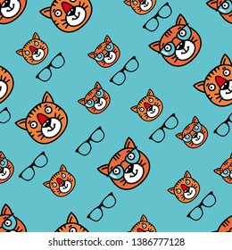 Vector seamless pattern. logo Cat with glasses. Business Icon. Company identity. Isolated on white background. Scandinavian illustration. Wrapping paper, textile, background fill,corporate ornament