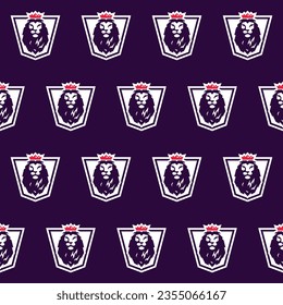 Vector seamless pattern logo lion king head with red crown and white shield on dark purple background. English football league symbol.