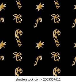 Vector seamless pattern with lollipops,bells,stars gold line on black background. Holiday print in doodle style hand drawn.Designs for textiles, fabric,wrapping paper, menus, packaging, web. 