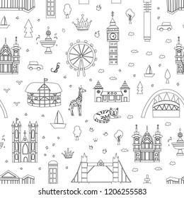 Vector seamless pattern with London attractions in cartoon style. Repeating black and white background with main English sightseeing and places of interest. Background for travel guide or poster