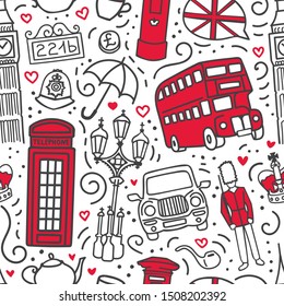 Vector seamless pattern London, Great Britain. Hand drawn doodle symbols of the UK capital in dark grey outline and bright red color blocks. Endless background for print, wallpaper, textile design. 