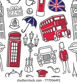 Vector seamless pattern London with hand drawn doodle english symbols: double decker bus, telephone box, umbrella, tea pot. Modern design in blue, red, white for print, wrapping paper, wallpaper.