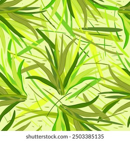 Vector seamless pattern with long green leaves on light green background.