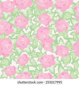 vector seamless pattern with lots of romantic roses and buds pastel colors on a light pink background
