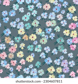 Vector seamless pattern with lots of small flowers of different colors on a gray-green background.