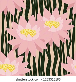 Vector of seamless pattern with lotus flowers on wavy lines background
