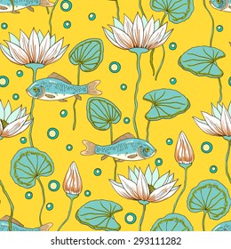 Vector seamless pattern with lotus flowers and leafs.  
