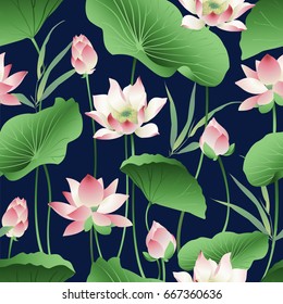 Vector seamless pattern lotus flowers and leaves. Watercolor.