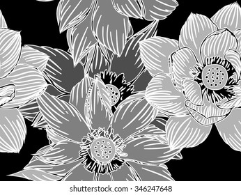 Vector seamless pattern with lotus flowers,abstract seamless pattern with lotus flowers. Abstract vector background with flowers. Lotus mandala. Vector Indian hand drawn lotus.