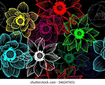 Vector seamless pattern with lotus flowers,abstract seamless pattern with lotus flowers. Abstract vector background with flowers. Lotus mandala. Vector Indian hand drawn lotus.