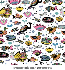 Vector seamless pattern with lotus flowers,birds and fishes. Pond illustration. 