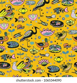 Vector seamless pattern with lotus flowers,birds and fishes. Pond illustration. 