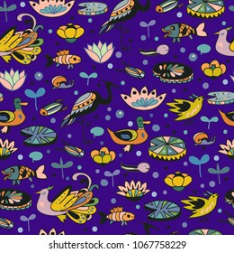 Vector seamless pattern with lotus flowers,birds and fishes. Pond illustration. 
