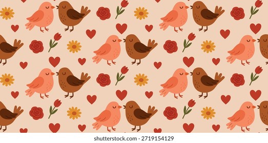 Nahtloses Vektormuster. Liebesvögel. Valentinstag. Illustration für Kinder. Papier einwickeln. Nette Tapete.