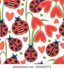 Vector seamless pattern with love bugs and heart flowers