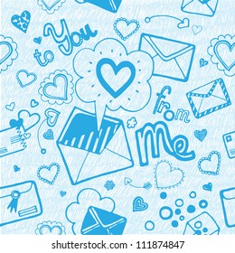 Vector seamless pattern with love letters and hearts on the blue background