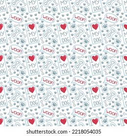 Vector seamless pattern I love my dog. Digital illustration with paw prints, hearts, bones for wrapping paper, design, decoration.