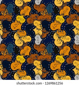 Vector. Seamless pattern love pattern with nice lettering calligraphy text and hearts, doodles. Art for web, print, fabric. Hand drawn illustration in cartoon style. Graphic on yellow, blue colors.