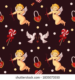Vector seamless pattern love on a dark background. Cupid, heart, candy, pigeons, key lock. Perfect for printing on fabric, paper.