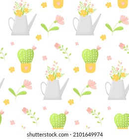 Patrón vectorial sin fisuras con sivols de amor, plantas y flores. Patrón delgado para el diseño de papel regalo o tarjetas. Patrón con una lata de agua con un ramo de flores, cactus y flores silvestres