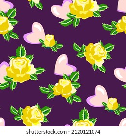 Vector - seamless pattern of love symbols, hearts and rose flowers.