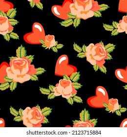 Vector - seamless pattern of love symbols, hearts and rose flowers.
